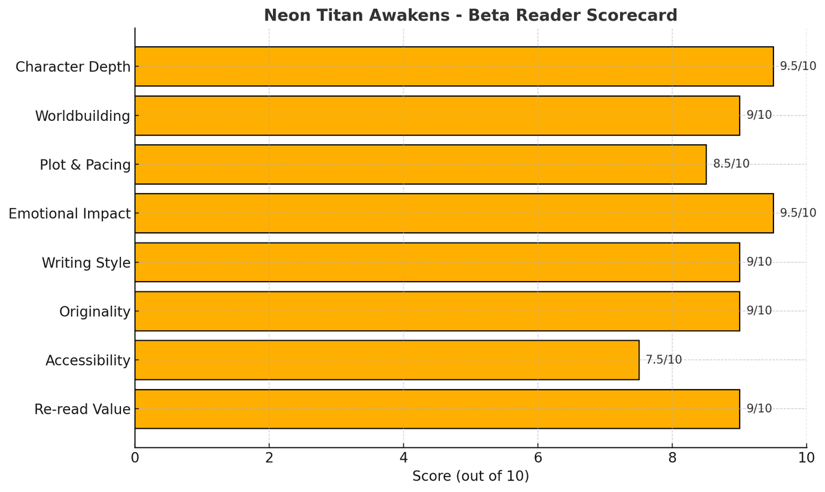 Beta Reader Scorecard showing high ratings for characters, world-building, and emotional impact